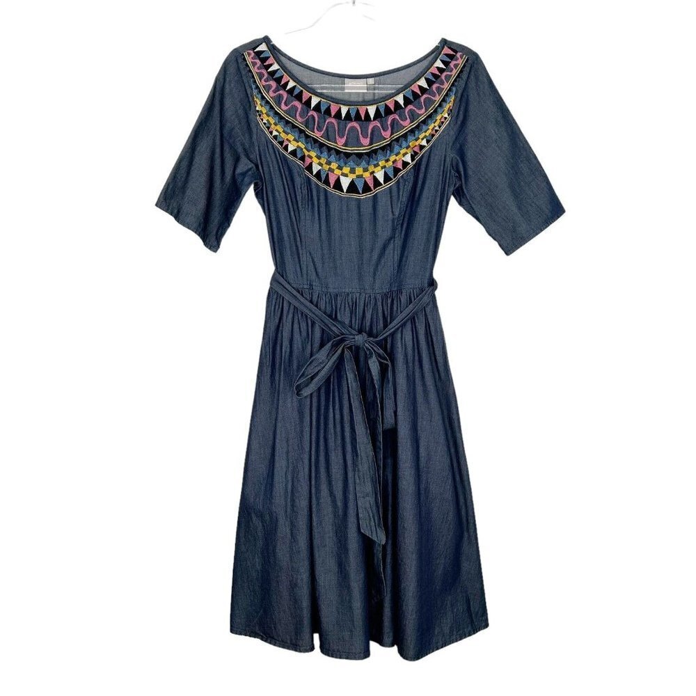 Eshakti Embroidered Chambray Dress Womens Size Medium Blue Tie‎ Waist